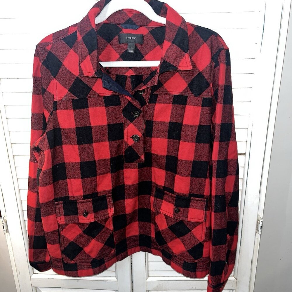 J.Crew Red Black Buffalo Check Plaid Wool Pullover Shirt Jacket Women Large